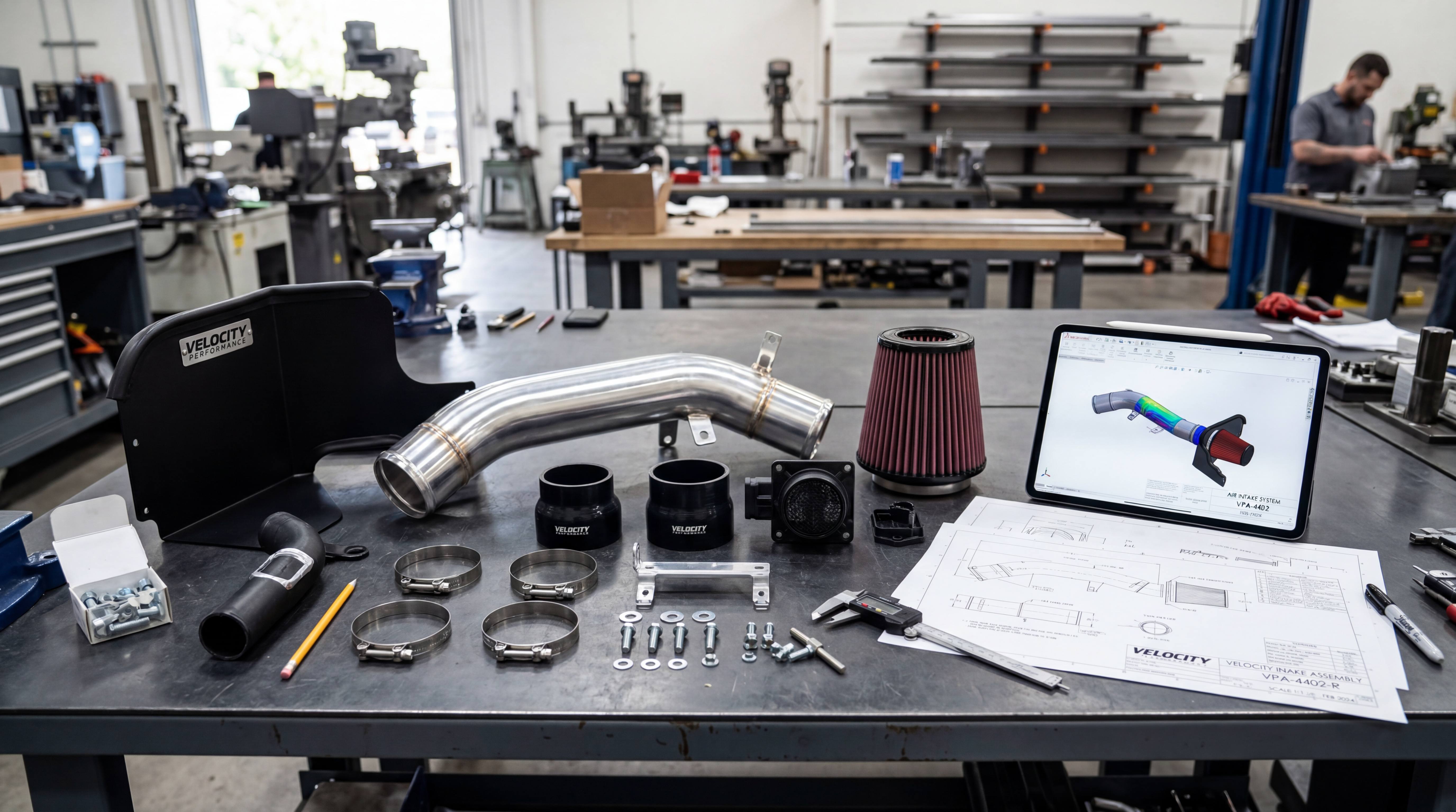 Air intake system components with aluminum intake pipe, cone filter, clamps and CAD drawing on an engineering workbench